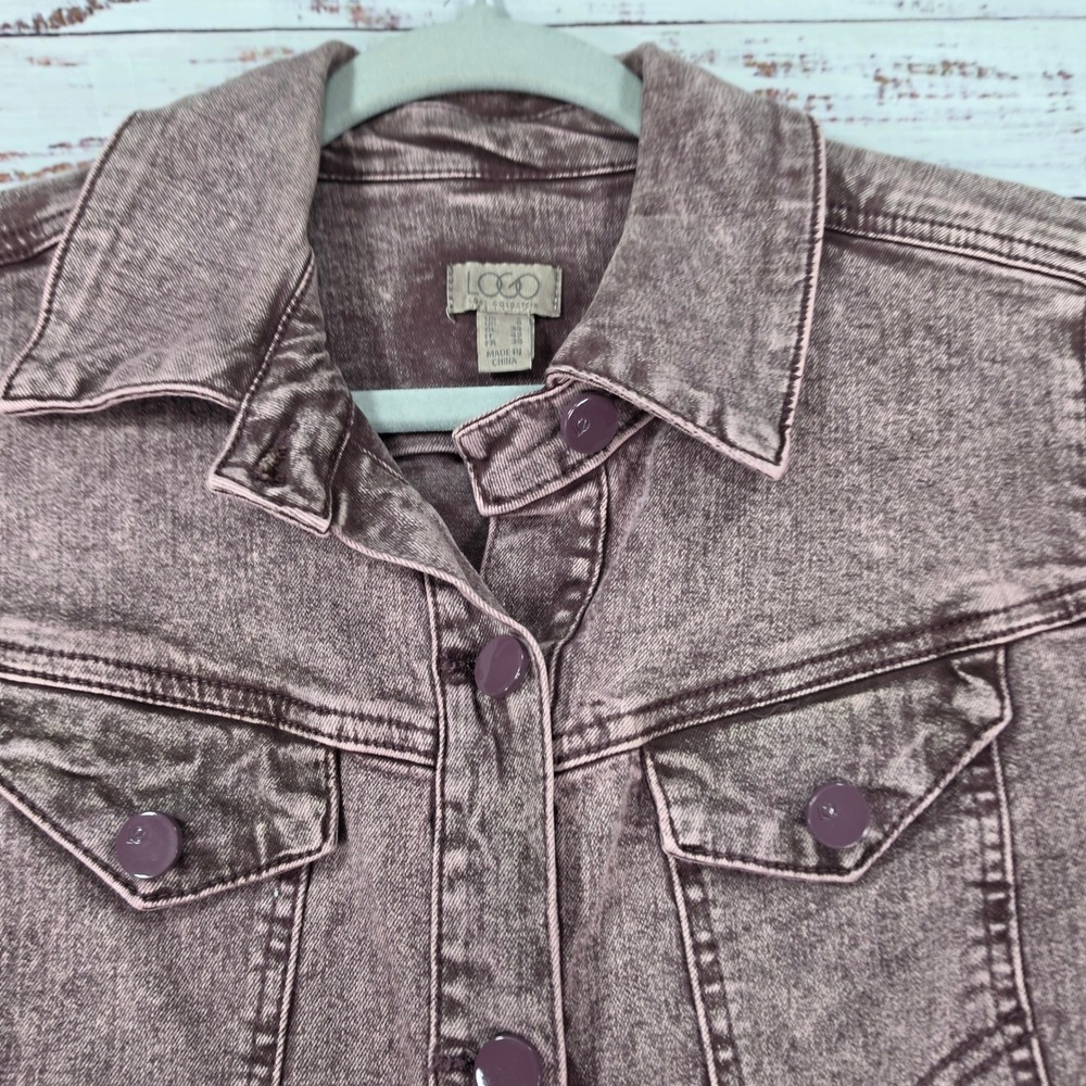 LOGO by Lori Goldstein Denim Jacket 4 Purple Excellent Acid Wash Frayed Long